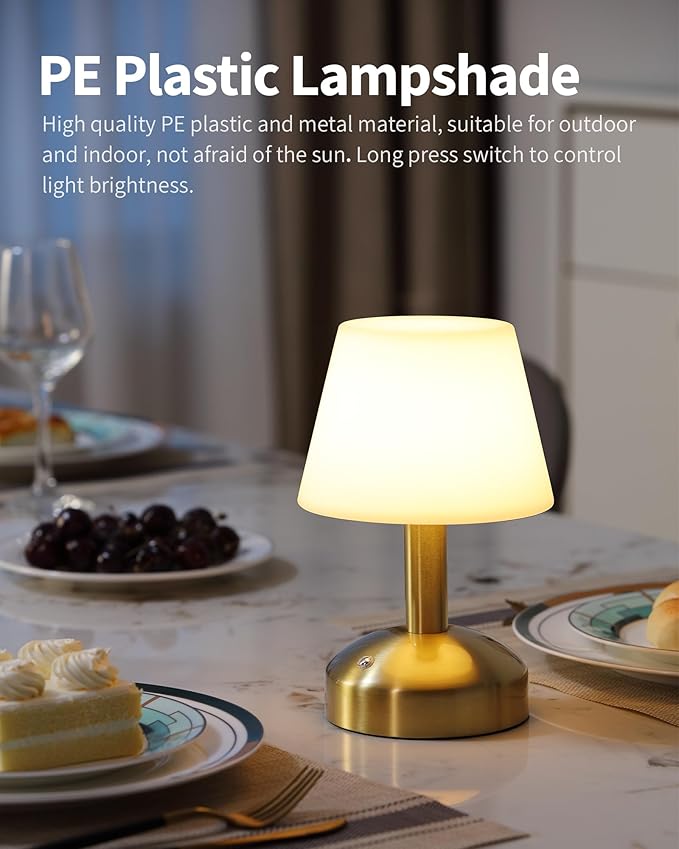 KDG Modern Cordless Small Table Lamps, Portable LED Dimmable Desk Lamp, 4000mAh Rechargeable Battery Operated Lighting for Restaurant, Bedroom, Bedside, Bar, Outdoor, Camping, Night Light(Gold)
