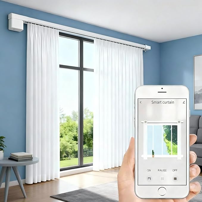 Smart Curtain Track System with Mini Zigbee Motor, Automatic Motorized Curtains Rod 204.7''(5.2m) with App, Voice, Remote Control, Compatible with Alexa,Google and Siri