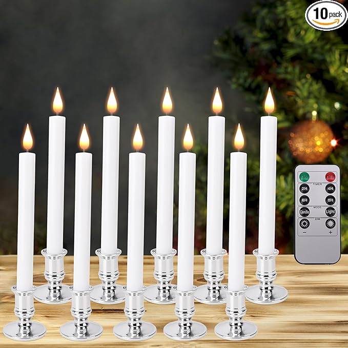 LED Flameless Window Candles with Remote Timer 10 PCS Battery Operated Flickering Taper Candle Lights with Removable Sliver Candle Holders Best Gift for Xmas Wedding Home Dinner Décor