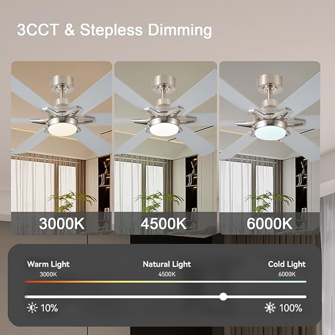 52in Ceiling Fans with Lights RGB Ceiling Fan with Light and Remote/APP Control,Low Profile Ceiling Fans with Lights for Bedroom,Living Room,Kids Room,3CCT Dimmable Modern Ceiling Fan, 6 Speeds,Nickel