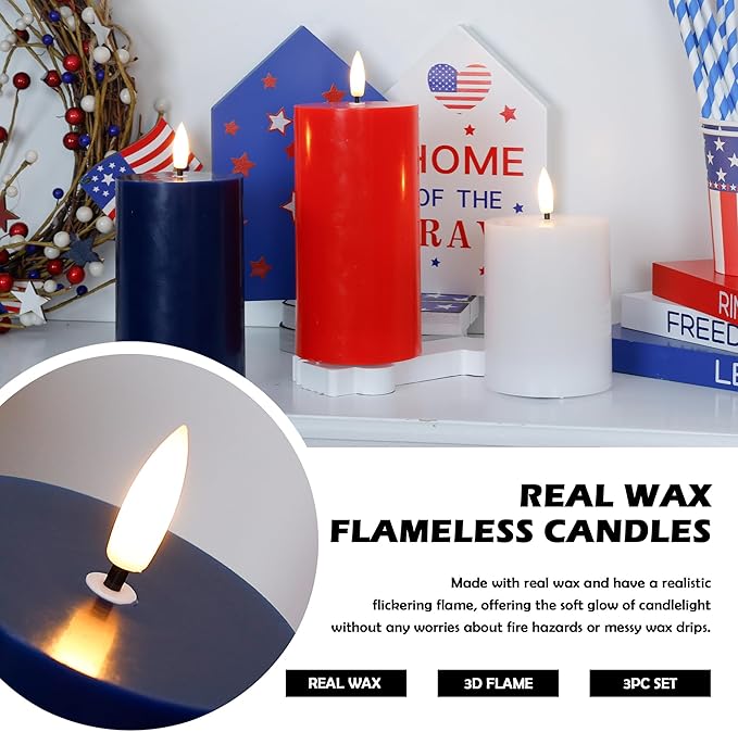 Red White Blue Patriotic Flameless Pillar Candles with Remote, 3 Pack Battery Operated Real Wax LED Candles, Perfect for 4th of July Independence Day Home Decorations Fireplace Table