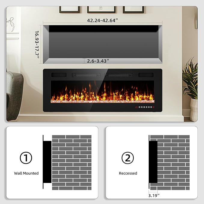 50” Electric Fireplace Recessed and Wall Mounted Fire Places with Remote Control, Touch Screen
