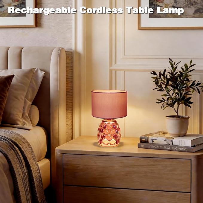MJ PREMIER Pink Rechargeable Table Lamp Battery Powered Lamp Dimmable Touch Control 3 Color Night Light, Wireless Portable Desk Lamp with USB for Girls Bedroom, Nightstand Kids Room, Home Decor