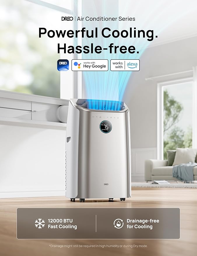 Dreo Portable Air Conditioners, 12,000 BTU AC Unit for Bedroom with Drainage-free Cooling, 46dB Quiet, APP/Voice/Remote, 24h Timer with Fan & Dehumidifier, Smart Standing AC for Room Indoors, AC515S