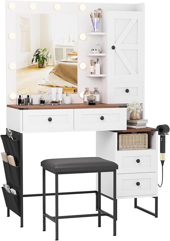 NUNU LAB Large Vanity Desk with Mirror and Lights with 5 Drawers, Women Makeup Table with Power Outlet, 3-Color Adjustable Lighting for Bedroom Brown (006 White & Brown, 39.37 * 17.75 * 58.27in)