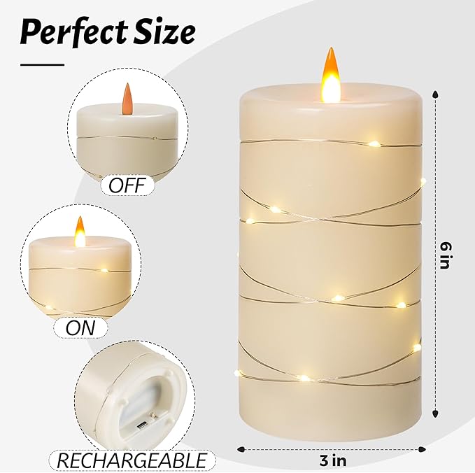 Rechargeable Flameless Candles, LED Candles, Candles with Remote and Timers, Real Wax Pillar Candles, with Flickering Embedded Star String，Ivory White, Set of 2