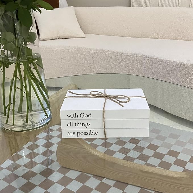 Decorative Books for Home Decor, White Faux Books for Decoration, Rustic Farmhouse Stacked Display Books (with God All Things are Possible)