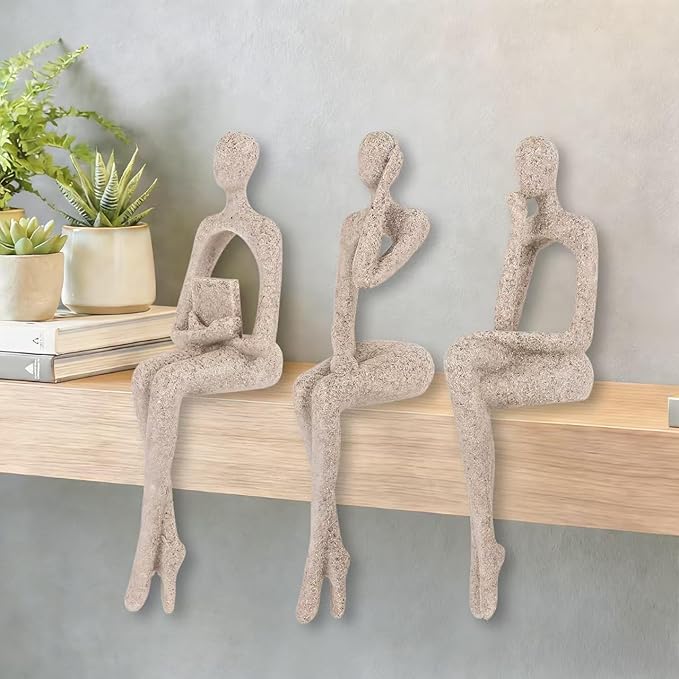 3Pcs Sandstone Resin Thinker Statue Accents Reading Women Sculptures, Abstract Art Ornament,Modern Neutral Home Decoration for Living Room Office Shelf Table Desk Bookshelf Décor
