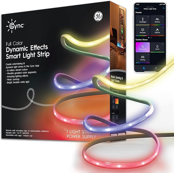 GE Cync Dynamic Effects Smart LED Light Strip with Music Sync, Room Décor Aesthetic Color Changing Lights, LED Lights for Bedroom and TV, Works with Amazon Alexa and Google, 16 ft