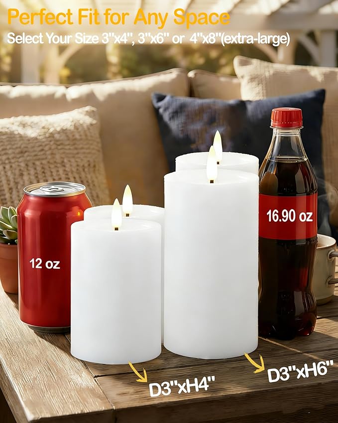 3"x6" Outdoor Waterproof Flameless Candles with Remote and Timers, LED Candles, Battery Operated Candles, Electric Fake Pillar Candles for Patio, Porch, and Lanterns Decor (White, Plastic)