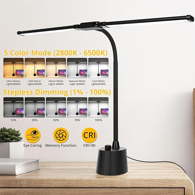 Desk Lamp, Dual Head, Smart USB A+C Charging Port, 5 Color Modes Dimmable, 2600 Lumens 12W Wide-Angle Lighting Table Lamp, 49cm Height for Bedside Reading, Office, Study, Crafts, Draw
