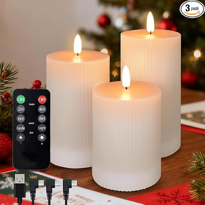 Rechargeable Flameless LED Pillar Candles–Luminous Real Wax Indoor Home Decor–Set of 3, Realistic Flickering LED Flame,Remote & Timer(Light Khaki)
