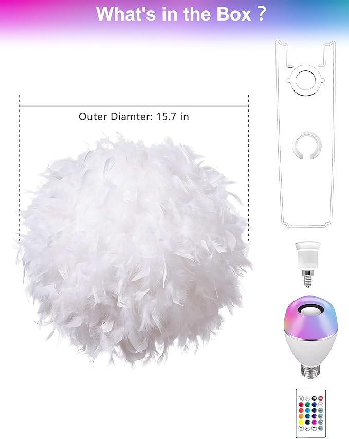 Feather Lamp Shade with Smart RGB Light Bulb, Built-in Bluetooth Speaker, Remote & APP Control, Fluffy Girl Room Decor, 600 Lumens, 15.7inches, White
