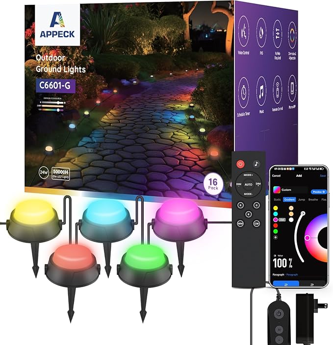 APPECK Smart Outdoor Ground Lights 16 Pack, 50FT RGBW Color Changing Pathway Lights Wired, IP65 Waterproof Landscape Lights, for Garden Yard Lawn Walkway Holiday Party Decor, Compatible with Alexa