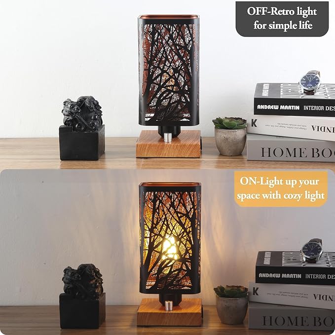 Industrial Table Lamp with USB Ports and Outlet, Rustic Dimmable Bedside lamp with Charging Station, Metal Square Shadow Nightstand Lamp, Night Light for Kids Bedroom Living Room End Tables