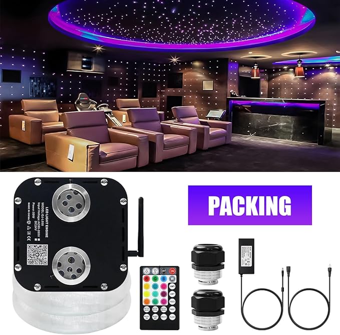 AZIMOM Updated Dual Color 50W Twinkle Fiber Optic Starlight Kits 2000pcs*0.03in*16.4ft Fiber Strands Sound Activated Bluetooth/APP Remote Control Theater Ceiling Home Shop Lobby Roof Decor
