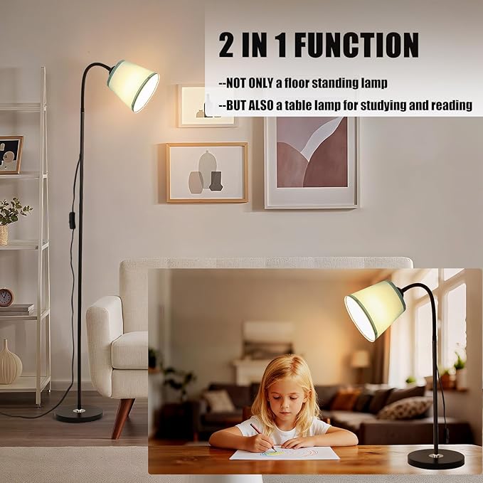 AoMck Floor Lamp, Industrial Metal Floor Lamps for Living Room with Adjustable Bendable 2 in 1 Reading Table Lamps for Living Room Bedroom Office (B+Green Shade)