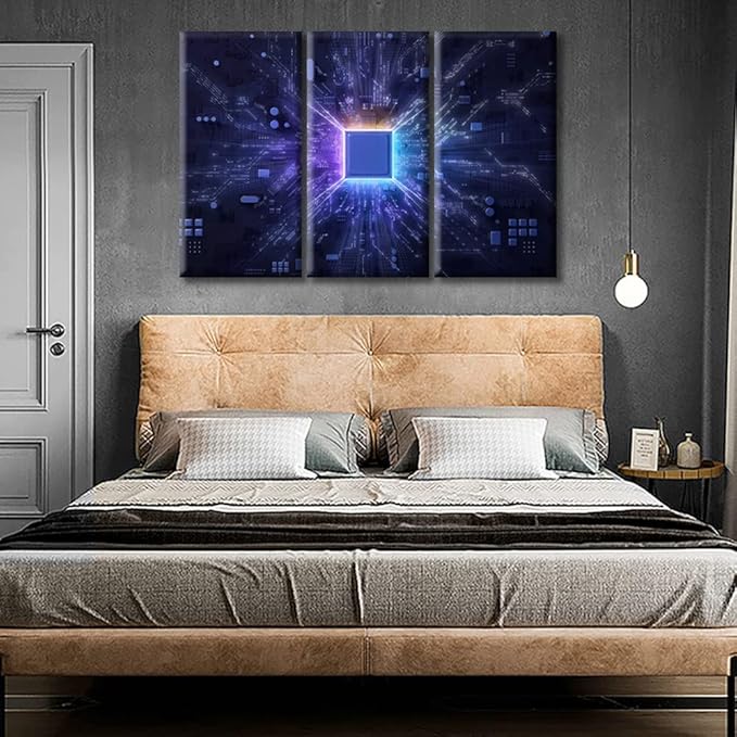 CPU Concept Wall Decor Posters and Prints 3 Panels Circuit Board Pictures Wall Decor for Bedroom Art Prints Giclee Wooden Framed Gallery-Wrapped Ready to Hang (42" Wx28 H)