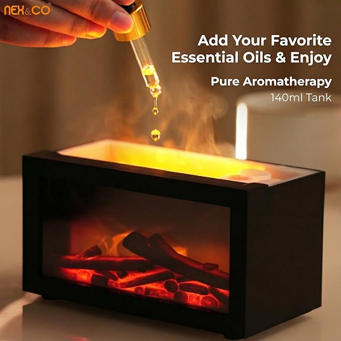 NEX&CO Colorful Flame Fireplace Aroma Diffuser for Essential Oils, Mini Essential Oils Diffuser with 3D Dynamic Effect 7-Color Changing Led, Auto Shut-Off, 3H Timer for Home, Yoga & Anxiety Relief