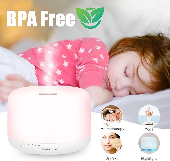 500ml Essential Oil Diffuser with Remote Control, BPA-Free Ultrasonic Humidifier with 7 Color Light,Auto Off Aromatherapy Diffuser