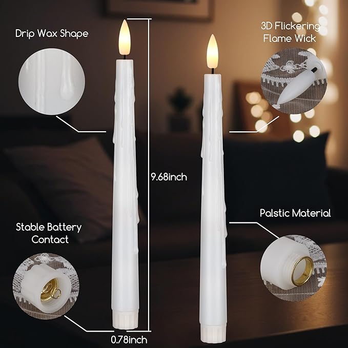 White Flameless Taper Candles with Remote and Timer, 9.68" Dripping Wax Look Battery LED Candlesticks with 3D Flickering Flame, Plastic Candle Set of 2 for Christmas, Wedding, Home Decor