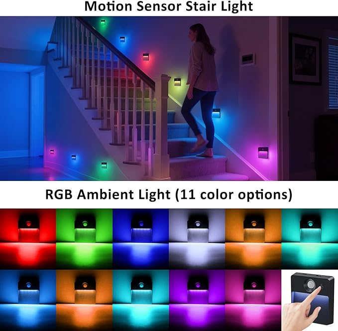 3 Pack Motion Sensor Stair Light for Indoor, Rechargeable Battery Operated Night Lights, RGBW Stick On Closet Lamp, Motion Activated Magnetic Lighting Lamps for Step, Cabinet,Hallway,Bathroom