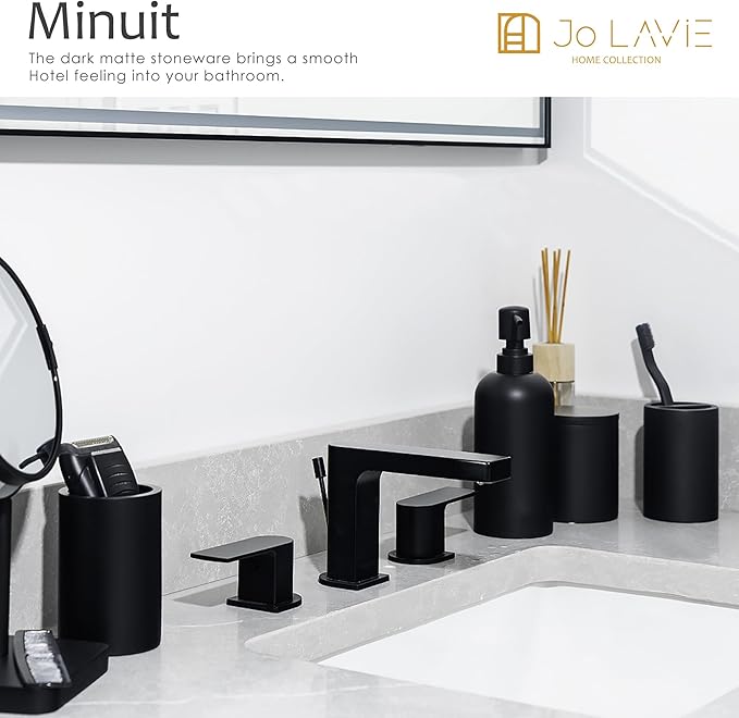 Bathroom Accessory Set - 4 Pcs Matte Black Bathroom Set with Toothbrush Holder, Soap Dispenser, Tumbler & Cotton Swab Jar - Bathroom Vanity Countertop Organizer, Bathroom Decor Sets