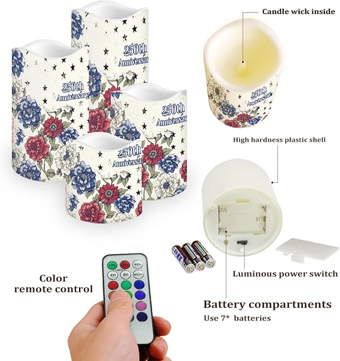 250th National Independence Day Battery Operated Candles Floral Print Fake Candle Remote Control 1776-2026 Flameless Candles Patriotic Decorations for Home, 4 Pack
