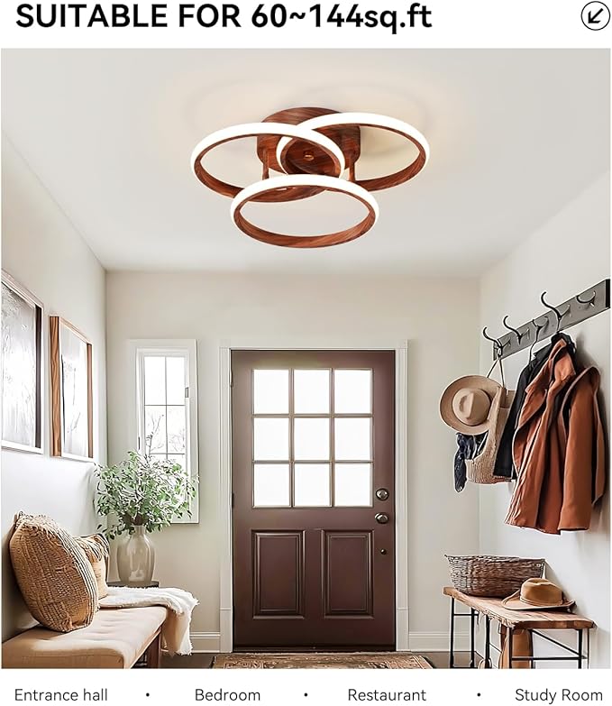 Dimmable LED Semi Flush Mount Ceiling Light Fixture with Remote Control 3-Color Dimming Circle Modern Chandelier, Close to Ceiling Bedroom Kitchen Hallways Balcony Corridor Lamp (15in- 3 Ring Wood)