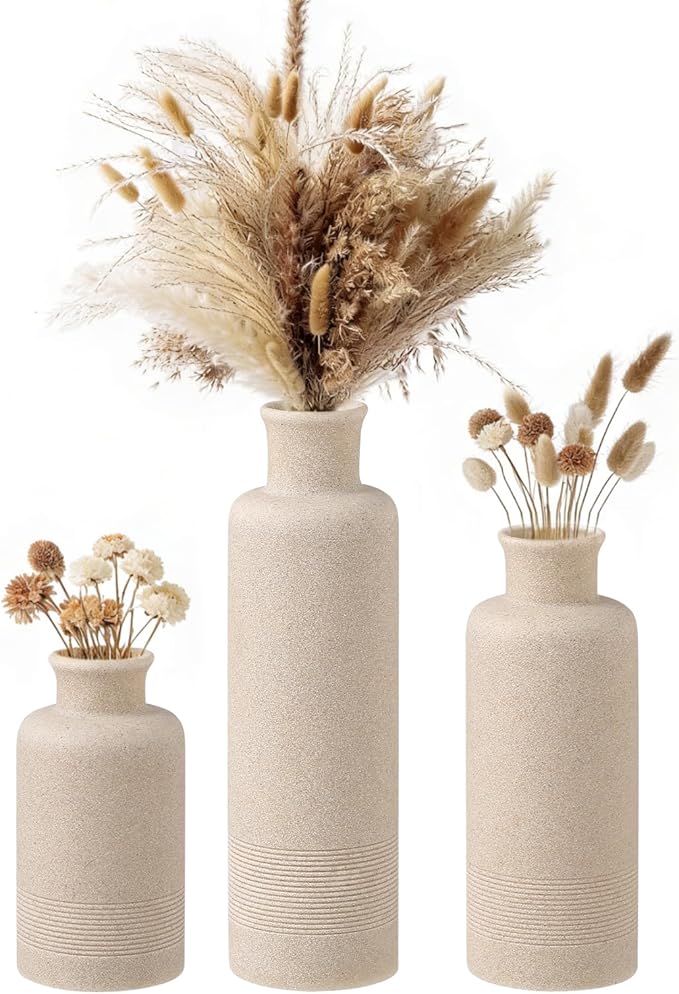 Flower Vase Set, Stone Look, 3 PCS Small Decorative Bud Vases for Pampas Grass, Farmhouse Decor, Kitchen, Living Room, Bathroom, Bedroom, Office, Shelf Centerpiece Table Decoration (Beige)