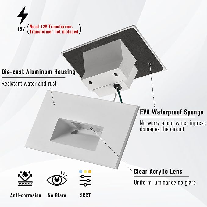 LED Step Light Outdoor Indoor Stair Lights 12V Low Voltage 3000K/4000K/5000K 3 Color Adjustable 4W, 150LM IP66 Waterproofx Horizontal White 12V Low Voltage Lights for Steps, 3-Pack