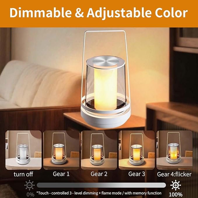 White Touch Bedside Lamp with Soothing Candlelight Mode - Rechargeable, Dimmable Night Light, Tap for Gentle Flame & Sparkle Effect, for Nursery, Bedroom Relaxation, Gifts