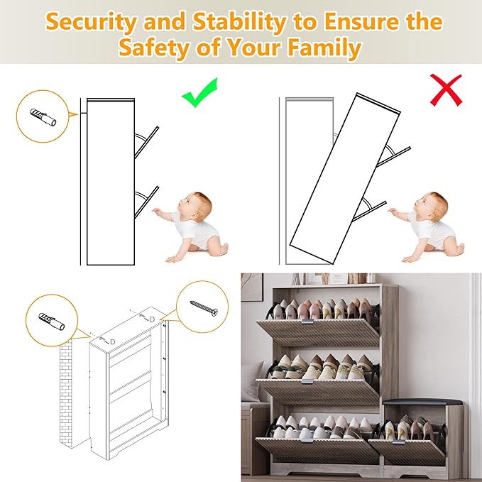 Slim Shoe Cabinet with Bench for Entryway, Hidden Storage and Adjustable Shelves, Free Standing Wooden Shoes Organizer for Hallway, Foyer