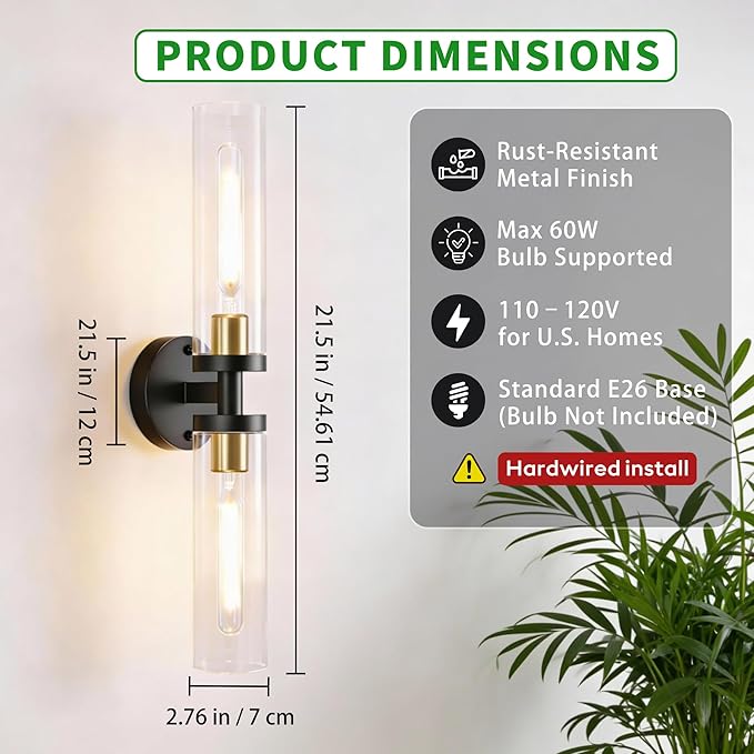 Black and Gold Wall Sconces Set of 2, Hardwired Bathroom Light Fixtures, Modern Bathroom Vanity Wall Lighting with Clear Glass Shade, Farmhouse Wall Sconce for Mirror Bedroom Hallway, E26 Base