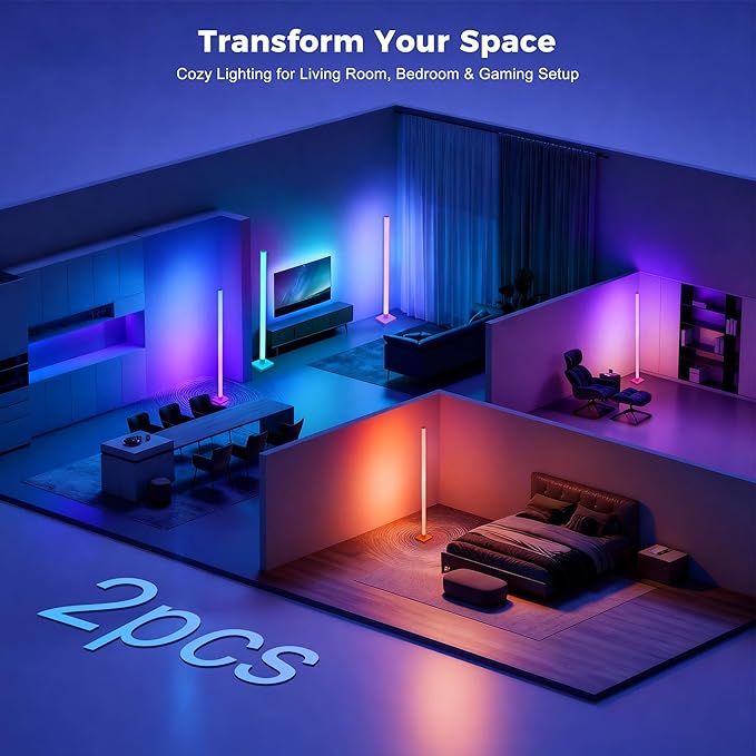 2 Pack DIY Corner Floor Lamps, ICRGB Floor Lamp with Music Sync and 16 Million Colors, Color Changing Standing Floor LED Lights for Bedroom Living Room Decor, Ambient Mood Lighting Gaming