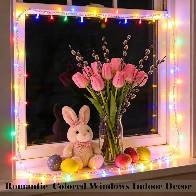 Pastel Easter String Lights, Multicolor Plug in Christmas Lights with 33ft Clear Wire 100 LEDs & 8 Modes for Christmas Tree, Bedroom, Patio and Parties Indoor Outdoor Hanging Decor (Colored)