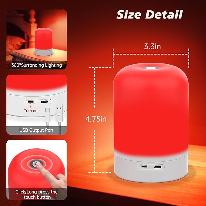 Aogled Red Light Therapy Lamp for Sleep & Relaxation – 670nm Bedside Night Light with Touch Control, Dimmable LED Lamp for Bedroom | Cordless, Rechargeable, Portable Design for Travel & Home Use