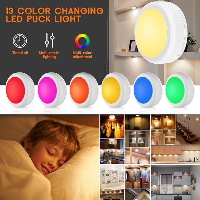LED Puck Lights - 13 Color RGB, Wireless Remote Control, Battery Powered, Perfect for Under Cabinet & Counter