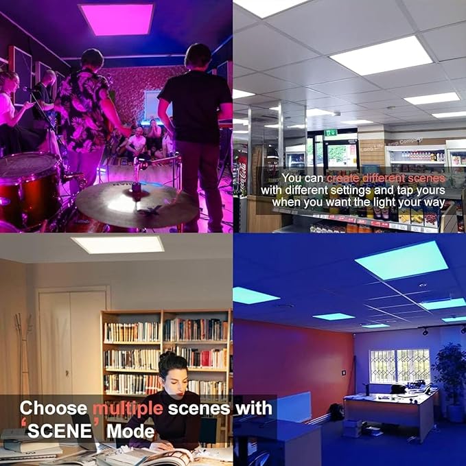 2x4 FT LED RGBW 5000K Multicolor Flat Panel Light Remote & App Controlled 60W 6600lm Color Changing LED Panel Light Smart Wi-Fi Drop Ceiling Light with Alexa/Google Assistant (4 Pack)