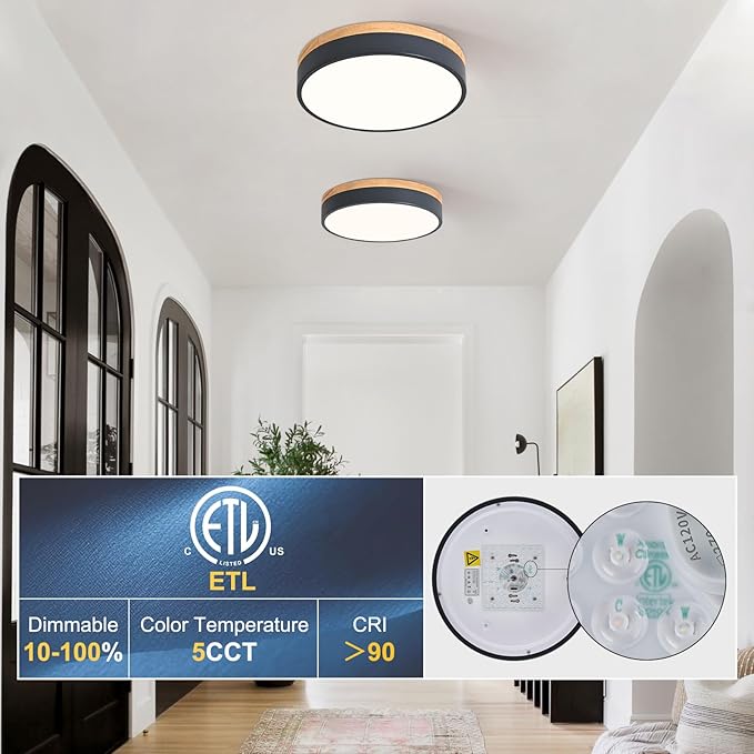 Dimmable Wood LED Flush Mount Ceiling Light, 5CCT 2700K-6000K Modern Round Close to Ceiling Lighting Fixtures, Minimalist Grey Ceiling Lamp for Bedroom, Kitchen, Laundry Room, Hallway, 11.7 in