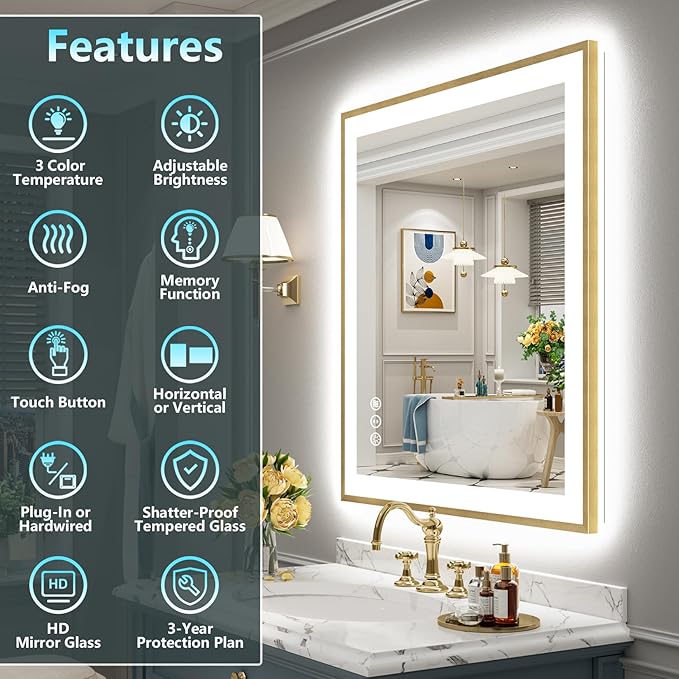 32x36 Gold LED Bathroom Mirror with Lights, Brushed Gold Framed Backlit and Front Lit Anti-Fog Lighted Vanity Mirrors for Bathroom Wall, Dimmable, 3 Colors, Memory, HD Tempered Glass, CRI＞90