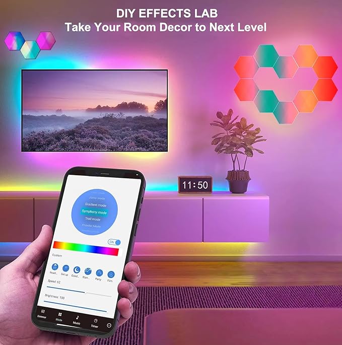 Hexagon LED Lights 10 Pack, Smart RGB Wall Decor with APP/Voice Control, Music Sync, DIY Modular Honeycomb Lights for Gaming Room, Bedroom, Home Theater Wall Decor