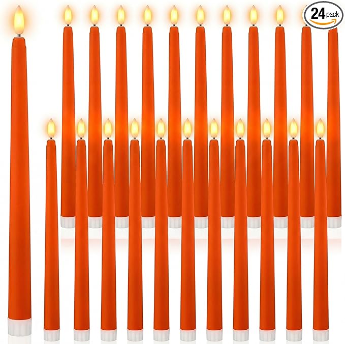 Macarrie 24 Packs Flameless Taper Candles Battery Operated Fake 11 Inch Long Candlelight LED Flameless Candlesticks Flickering Tapered for Spring Summer Wedding(Orange)