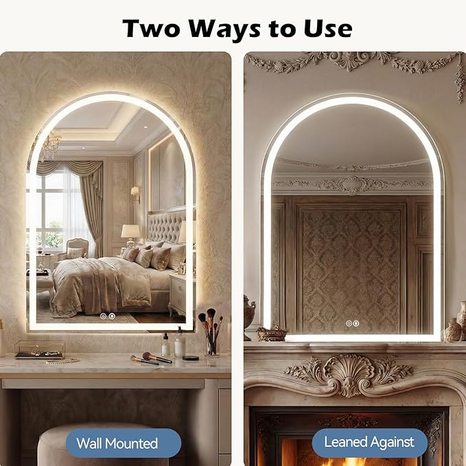 Sweetcrispy 24"×32" LED Bathroom Mirror with Lights, Arched Vanity Mirror with Anti-Fog, Dimmable, 3-Color Light, Memory Function, Tempered Glass