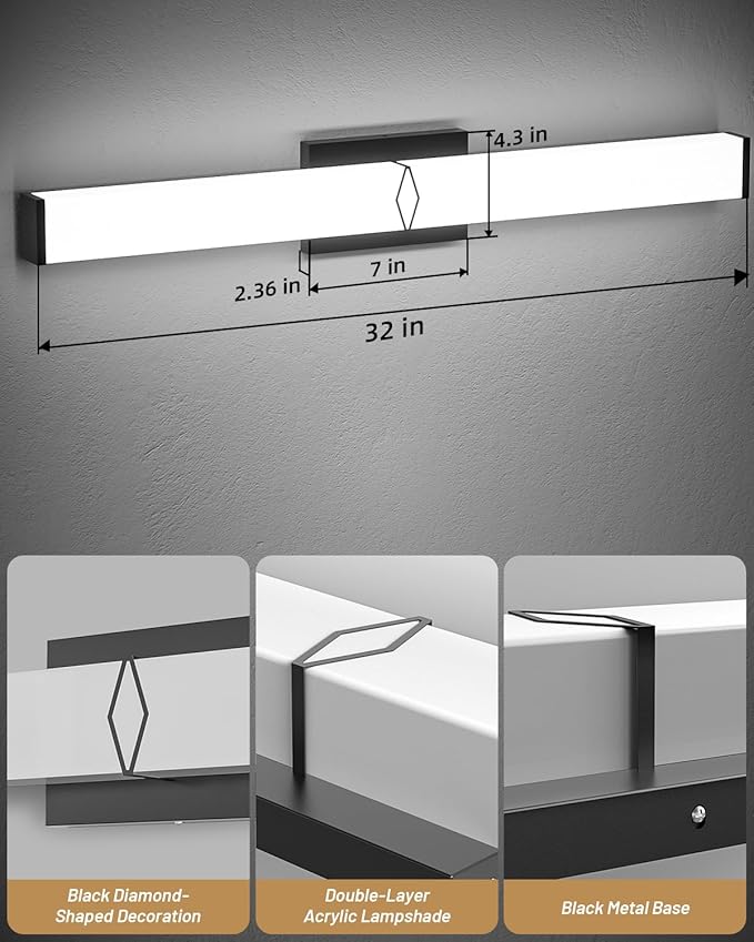 Bathroom Vanity Light,32inch 5CCT Modern Dimmable Bathroom Light Fixtures Over Mirror,32W 3600LM Lighting Bar Fixture,Black LED Vanity Lights,2700K/3000K/4000K/5000K/5700K,ETL Certified