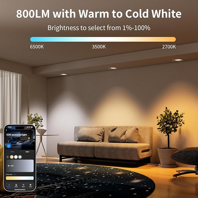 Peteme E26 Retrofit LED Recessed Lighting 4 Inch, IC Rated ETL Certified Smart Can Light Baffle Trim Style, RGBCW Dimmable Color Changing Soffit Downlight Compatible with Alexa/Google, 800LM, 6 Pack