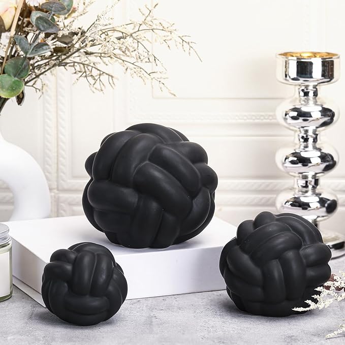 Wenqik Matte Black 3 Pcs Knot Decor, Chain Link Coffee Table Bookshelf Decor Accents, Entry Table Ceramic Aesthetic Minimalist Decorative Objects for Modern Home Living Room Decoration 3 Sizes