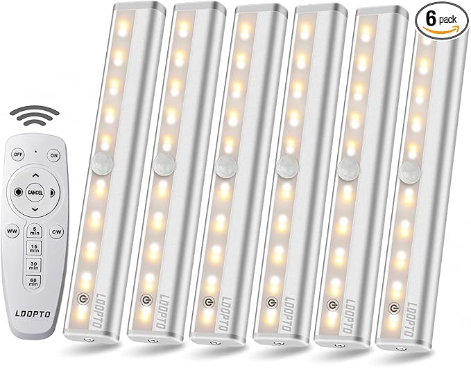 LDOPTO Battery Operated Lights with Remote Wireless Dimmable Under Cabinet Counter Lights for Kitchen LED Closet Lights with Timer for Kitchen Shelf Hallway Stairs,Multiple Colors 6 Pack