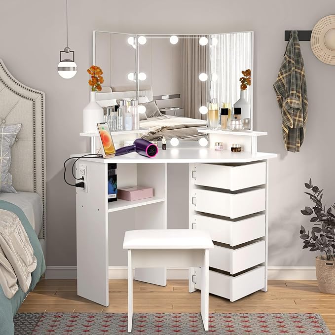 VOWNER Vanity with Lights - Makeup Vanity Desk with Power Outlet, 3 Color Lighting Options Brightness Adjustable, 5 Rotating Drawers, Shelves and Stool for Bedroom, White