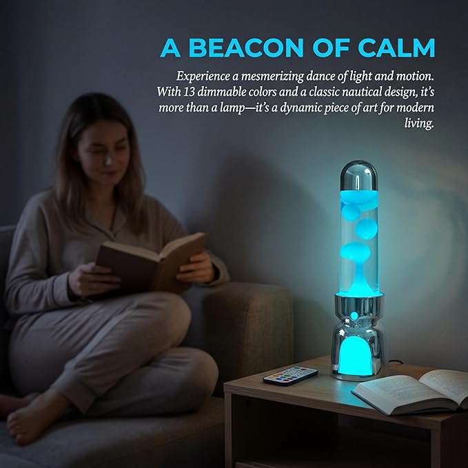 Lighthouse Liquid Motion Lamp, Decorative Night Light with Green Wax, 13-Color Changing, Safe Flameless Mood Lighting for Gift and Home Decor- Silver Plated